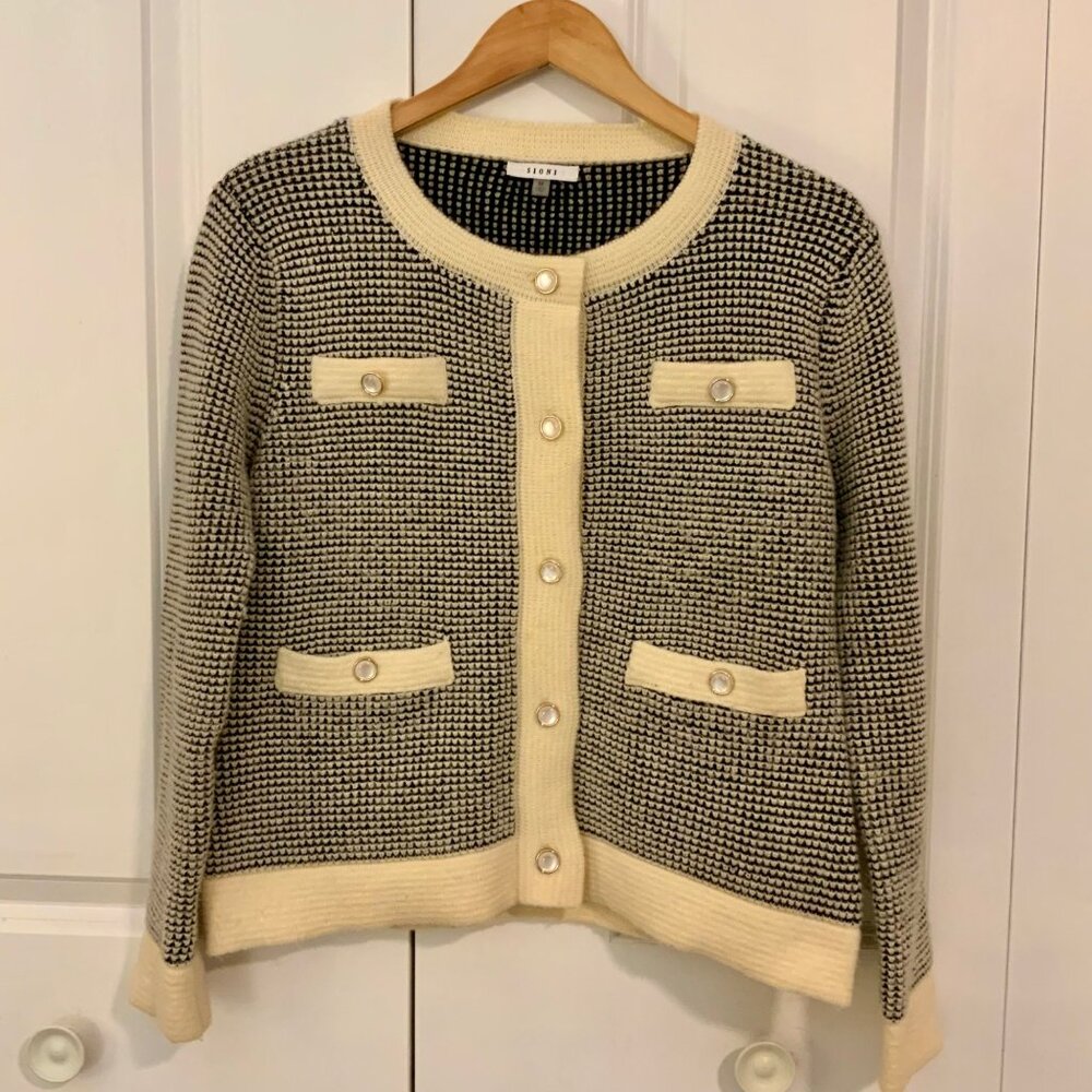 Sioni Cream Black Button Front Lady Cardigan Sweater Medium